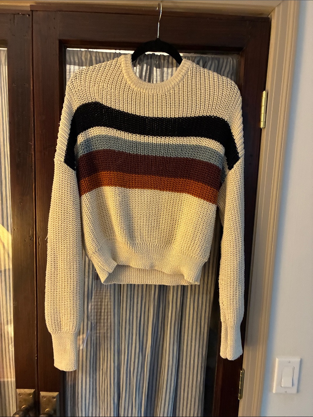 Elan Cream Crewneck Sweater with Black, Gray, Rust and Tan Stripes